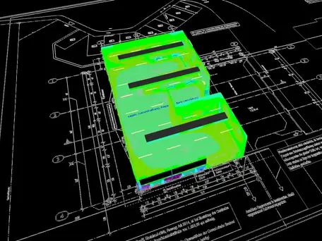 3D-Gebäudemodell auf technischem Architekturplan mit farbiger Visualisierung von Räumen und Gebäudestruktur.